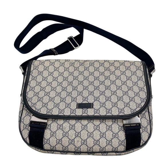 Authentic Gucci GG Logo Plus Supreme Messenger Bag Monogram Flap Tote Tan Navy - Picture 2 of 10